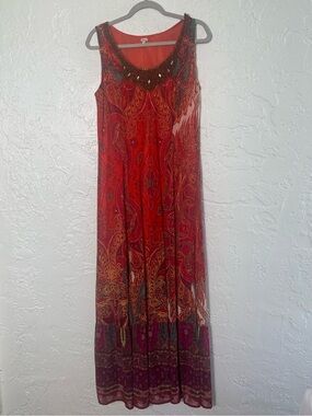 Reba Boho Maxi Dress XL Paisley Beaded Festival Resort Y2K